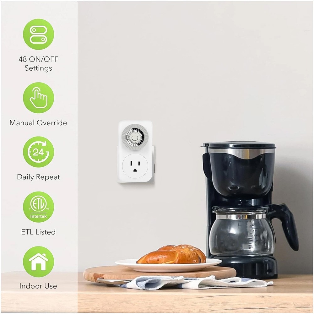2 Pack Indoor 24-Hour Mechanical Outlet Timer Plug Indoor 2 or 3 Prong