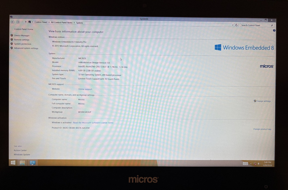 Micros Oracle mWorkstation Intel Atom E3827 15.6" POS Tablet Computer Win 8.1 :A