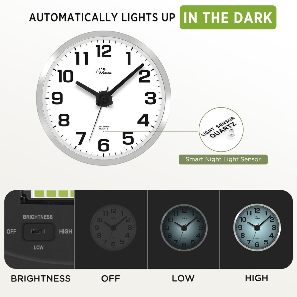 WallarGe Night Light Wall Clock for Bedroom - Silent Lighted up Wall Clock Gl...