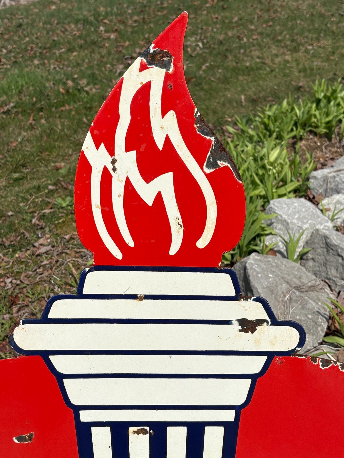 ORIGINAL 1950's "AMOCO GASOLINE" LARGE DOUBLE SIDED PORCELAIN DEALER SIGN, NICE