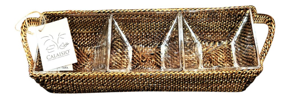 CALAISIO, RECTANGULAR 3 SECTION SERVING TRAY with 3 REMOVABLE GLASS INSERTS, NEW