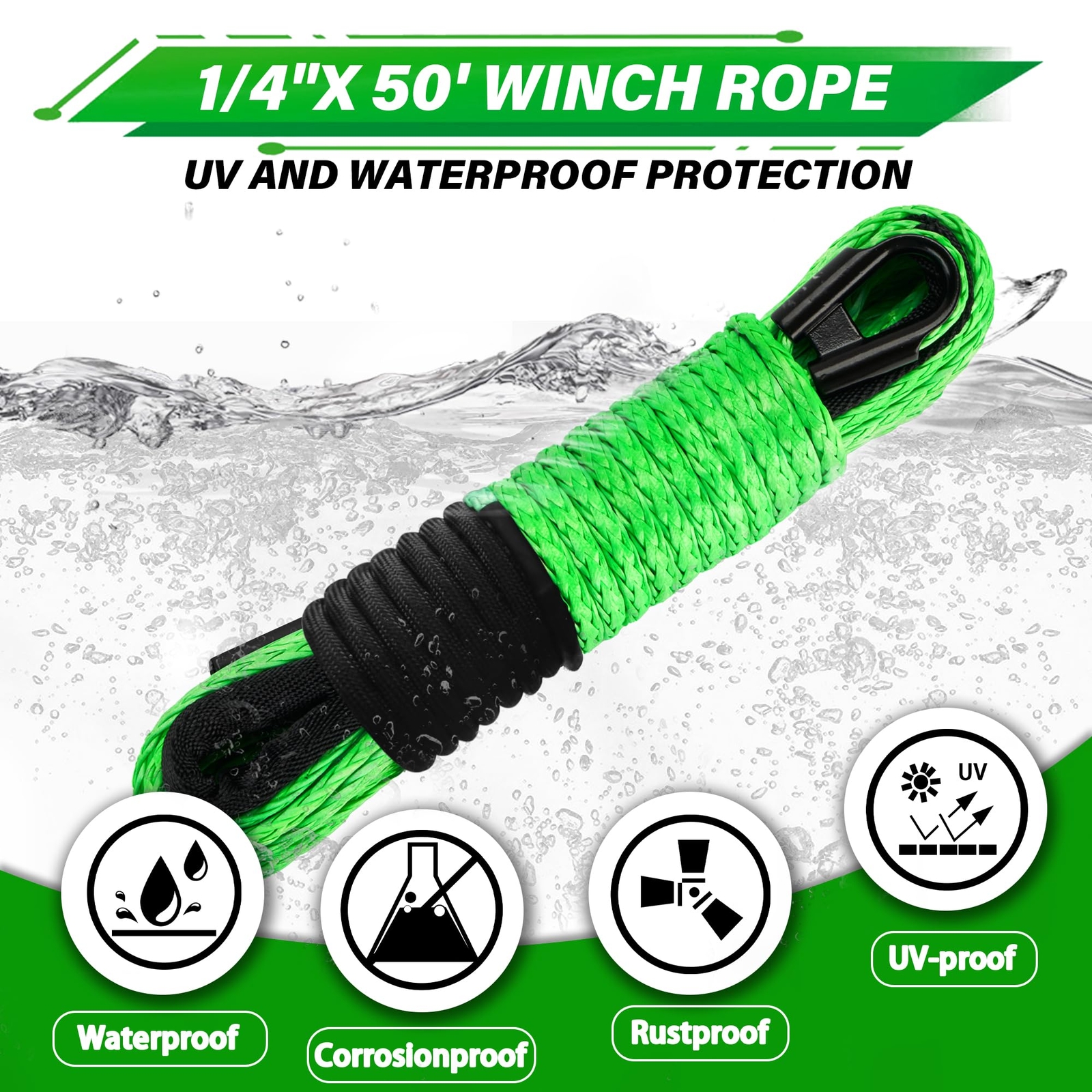 Synthetic Winch Rope Kit, 1/4'' x 50FT w/ 10000 lbs Strength, Protective Sleeve