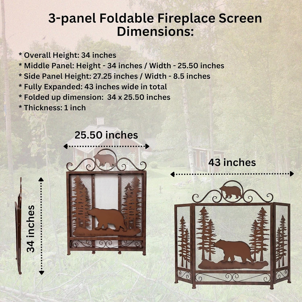 3-Panel Fireplace Screen Decorative with Bear Alone in the Forest - Stand Alone