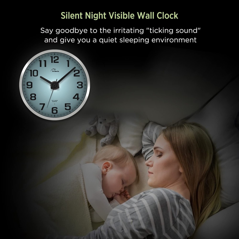WallarGe Night Light Wall Clock for Bedroom - Silent Lighted up Wall Clock Gl...