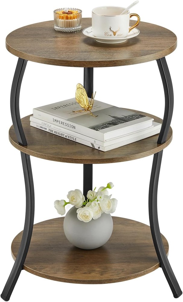 Round Side Table 3-Tier End Table W/ Storage Shelf Narrow & Small Spaces Round