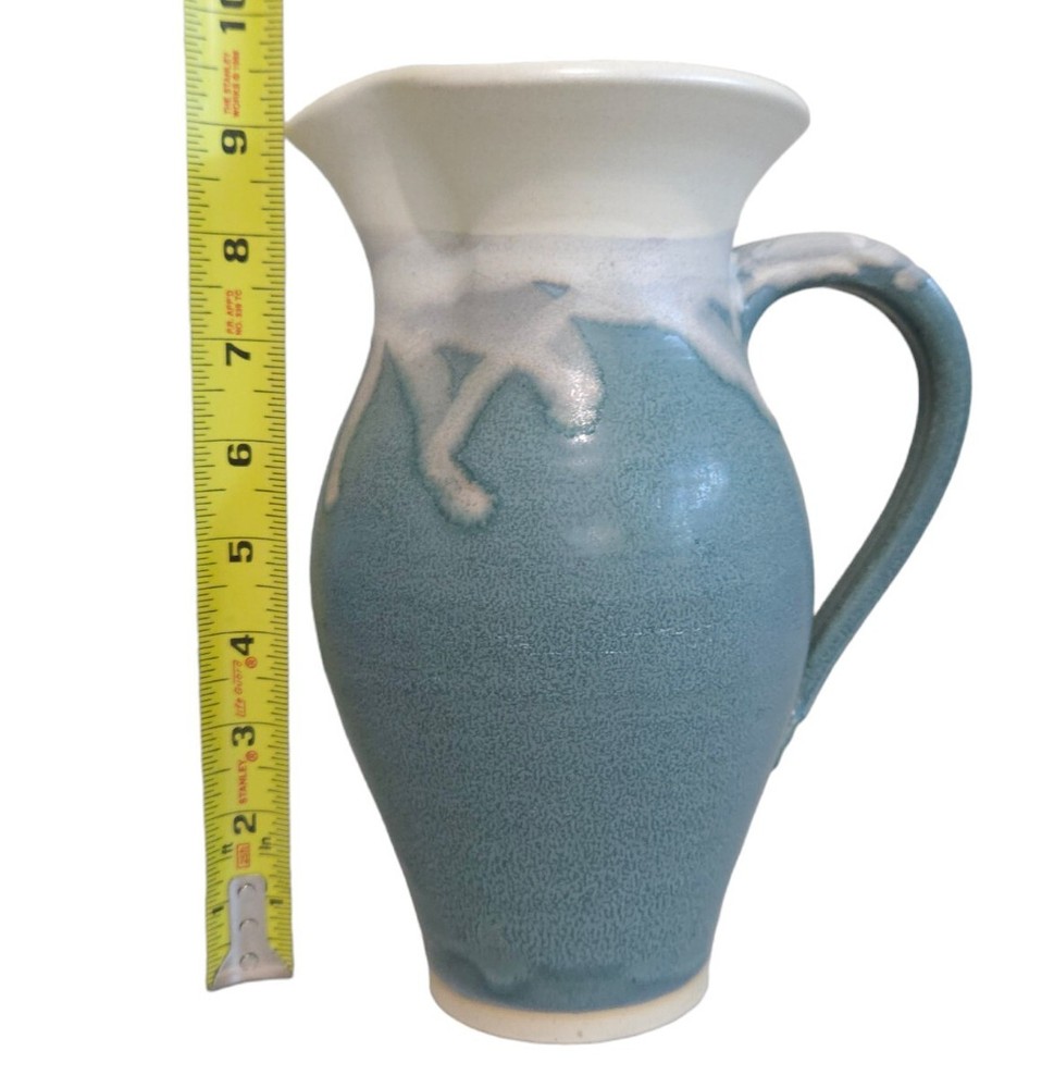 Handmade Pottery Pitcher Drip Glaze Blue White