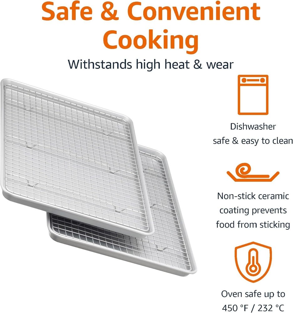 Ceramic Nonstick Baking Pan and Cooling Rack Set, Non-Toxic, 2-Piece, Gray