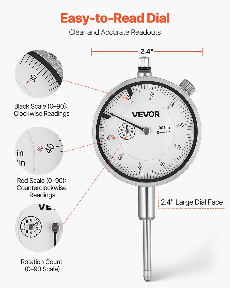 VEVOR Dial Test Indicator Metal Base 0.001 in Accuracy 0-1 Range Precision Tool