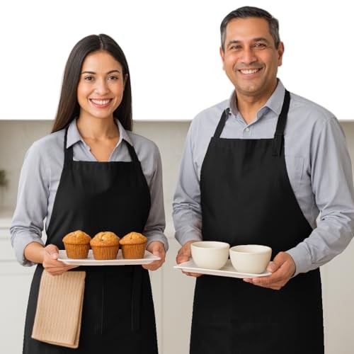 Kitchen Apron 2 Pack - 100% Cotton Adjustable, Durable Apron with Black