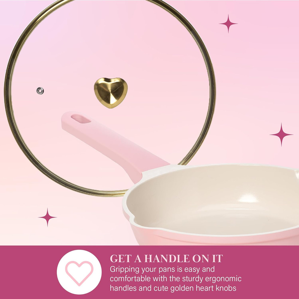 Pink Ceramic Nonstick Cookware Set, 10-Piece, Gold Heart Knobs, Dishwasher Safe
