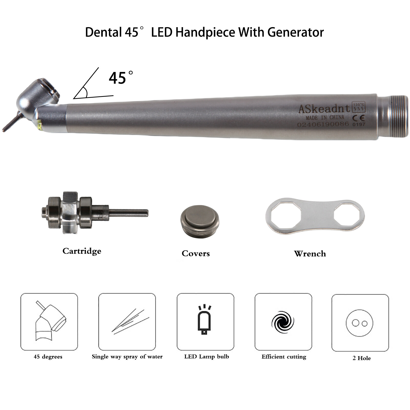NSK Style Dental LED 45° Degree Surgical High Speed Handpiece Push Button 2 Hole