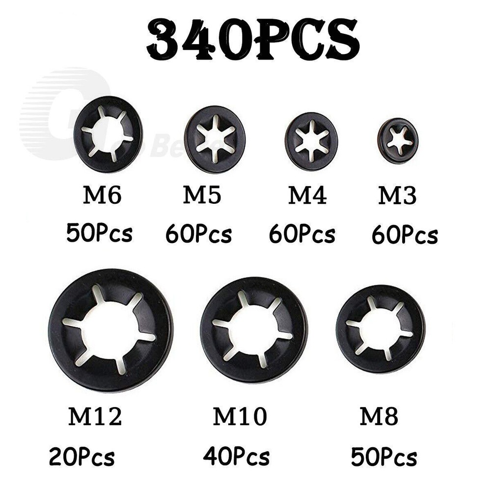 340pcs Internal Tooth Star Lock Spring Quick Washer Push On Speed Nut Assortment