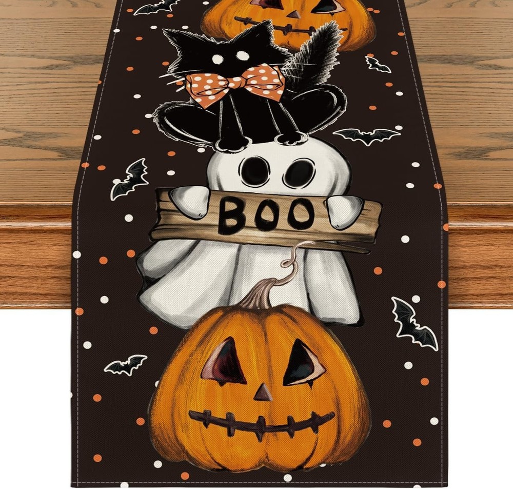 Artoid Mode Polka Dot Ghost Pumpkin 13" x 72", Table Runner, Black