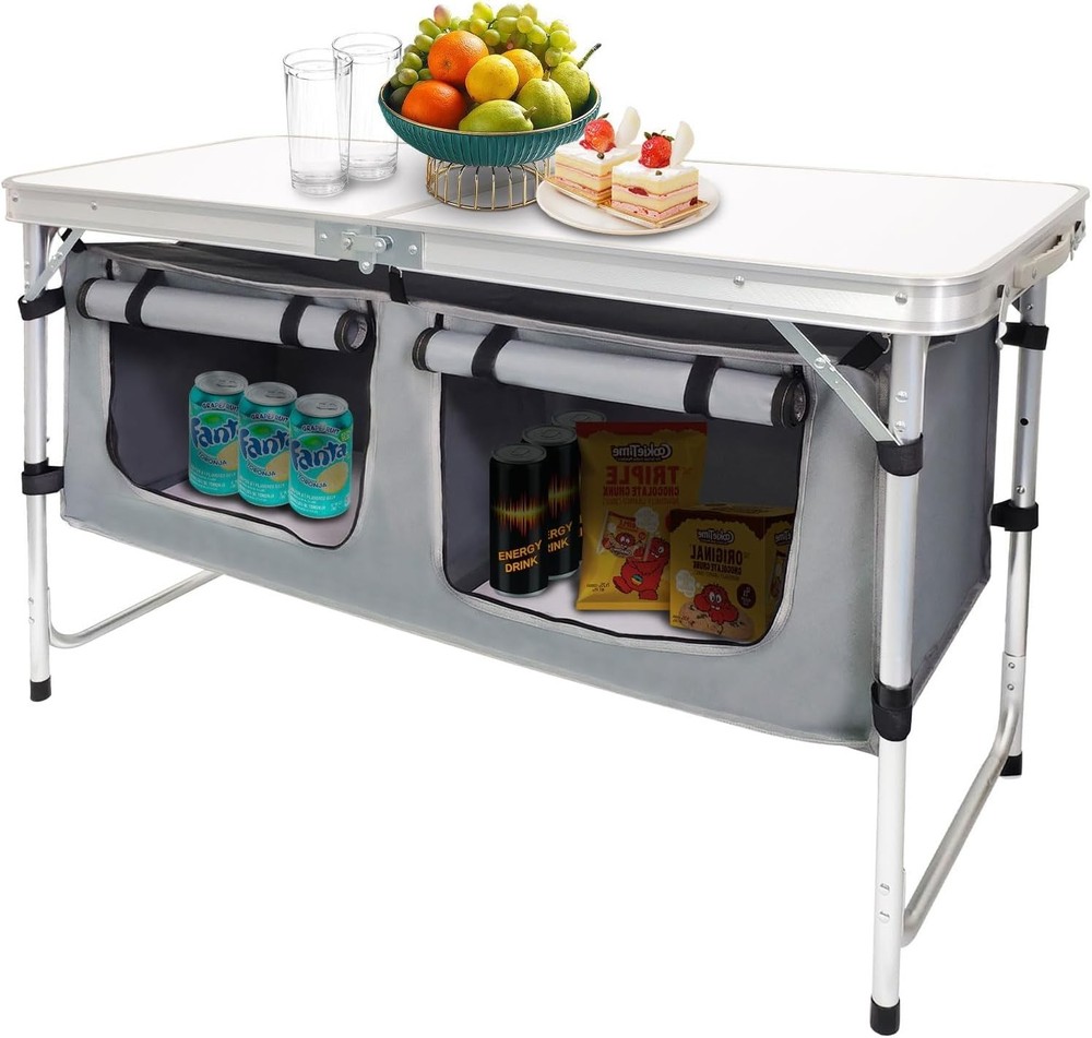 Outdoor Folding Table Aluminum Lightweight Height Adjustable with Storage Org...