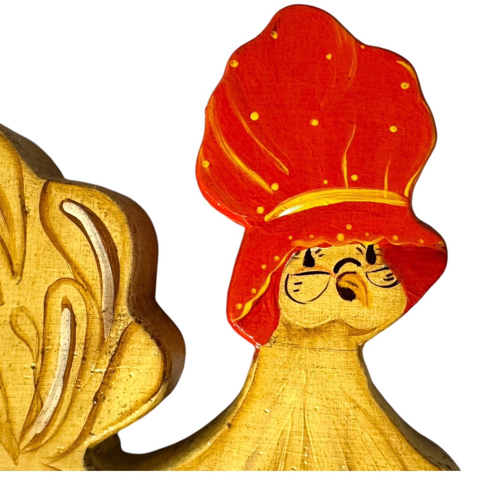 Vintage 80s Wooden Hen Wall Art Anamorphic Animals Pair Glazed Hand Painted