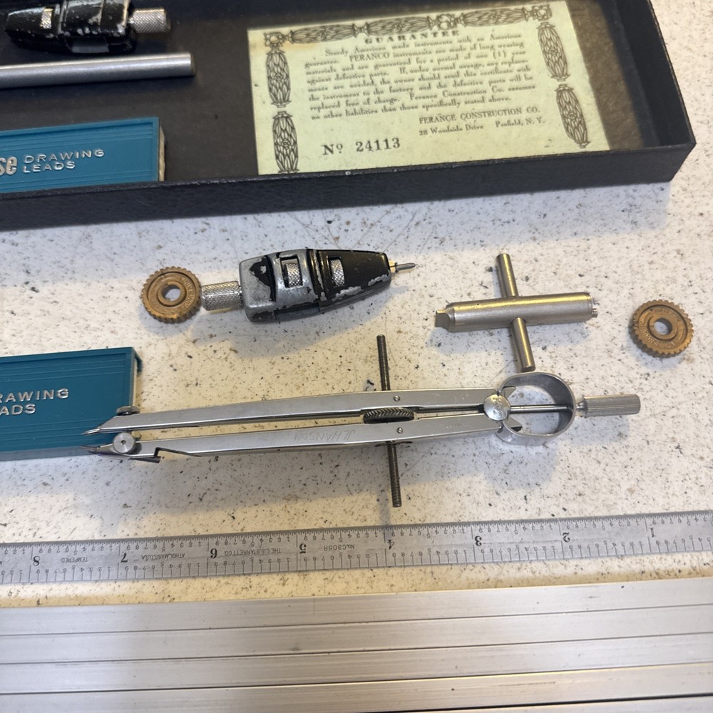 1950's Ferance Construction Co Penfield NY Drafting Tool Instruments Box Extras