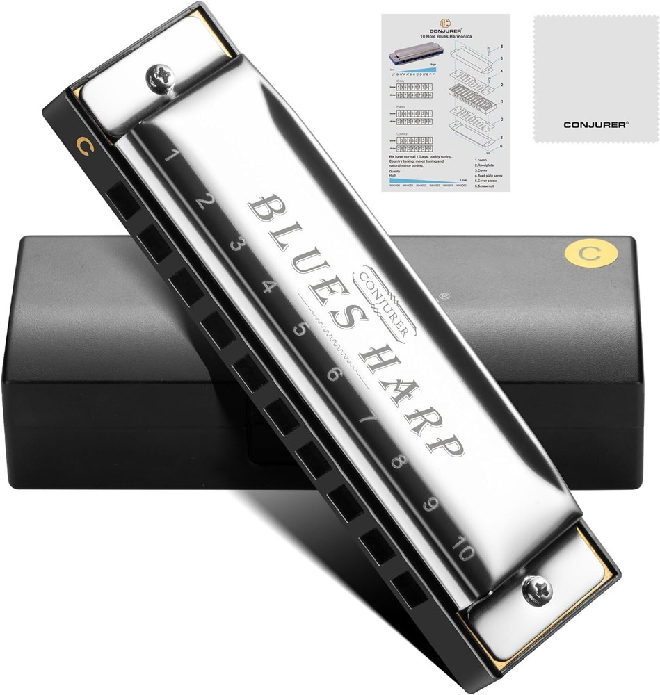 CONJURER Silver Blues Harmonica for Beginners 10 Hole Diatonic Harmonica Key C