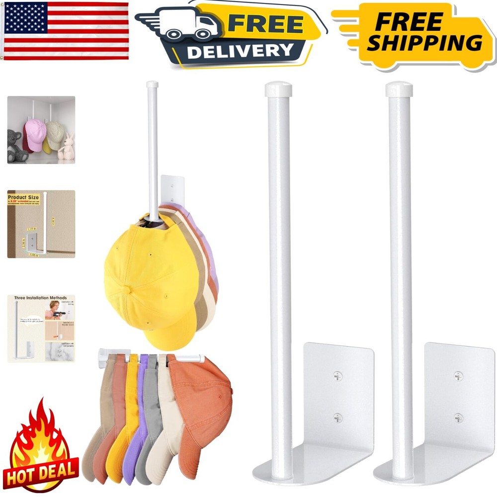 Space-Saving 2 Pack White Hat Racks - Strong Adhesive and Wall Drilled Options