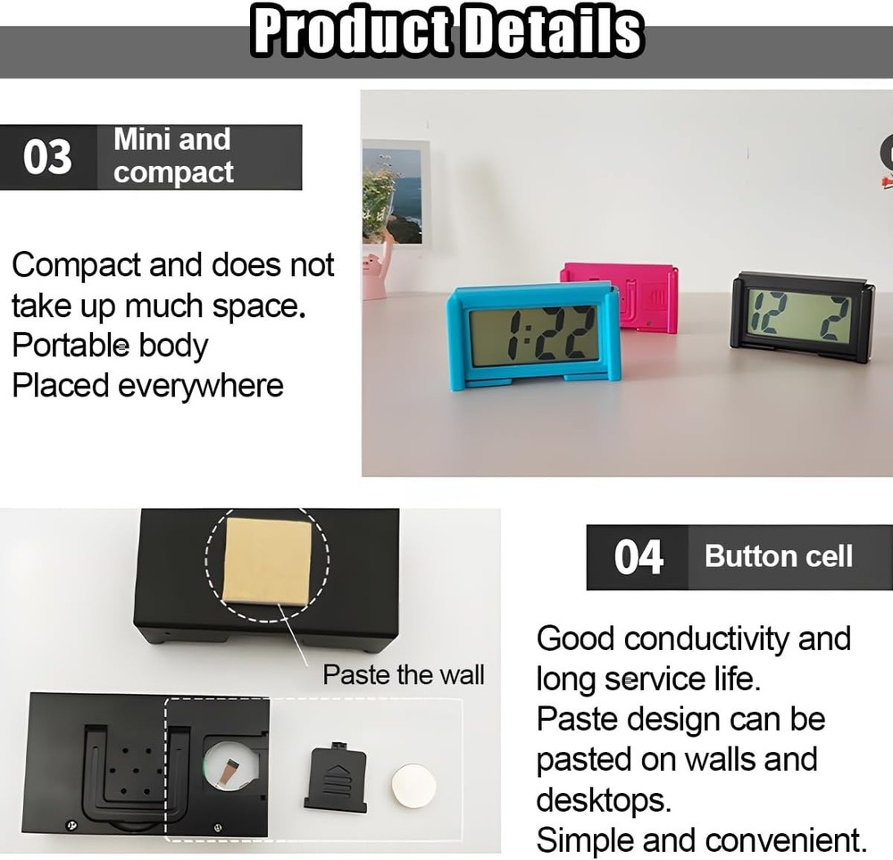 3PCS Mini Car Dashboard Digital Clocks, Small Self-Adhesive Bracket Vehicle A...