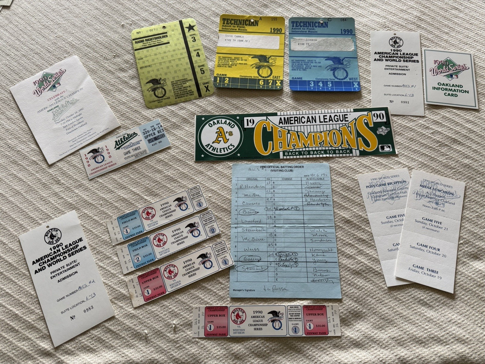 Original Oakland Athletics 1990 ACLS Game 1 Lineup Card + Tickets + More
