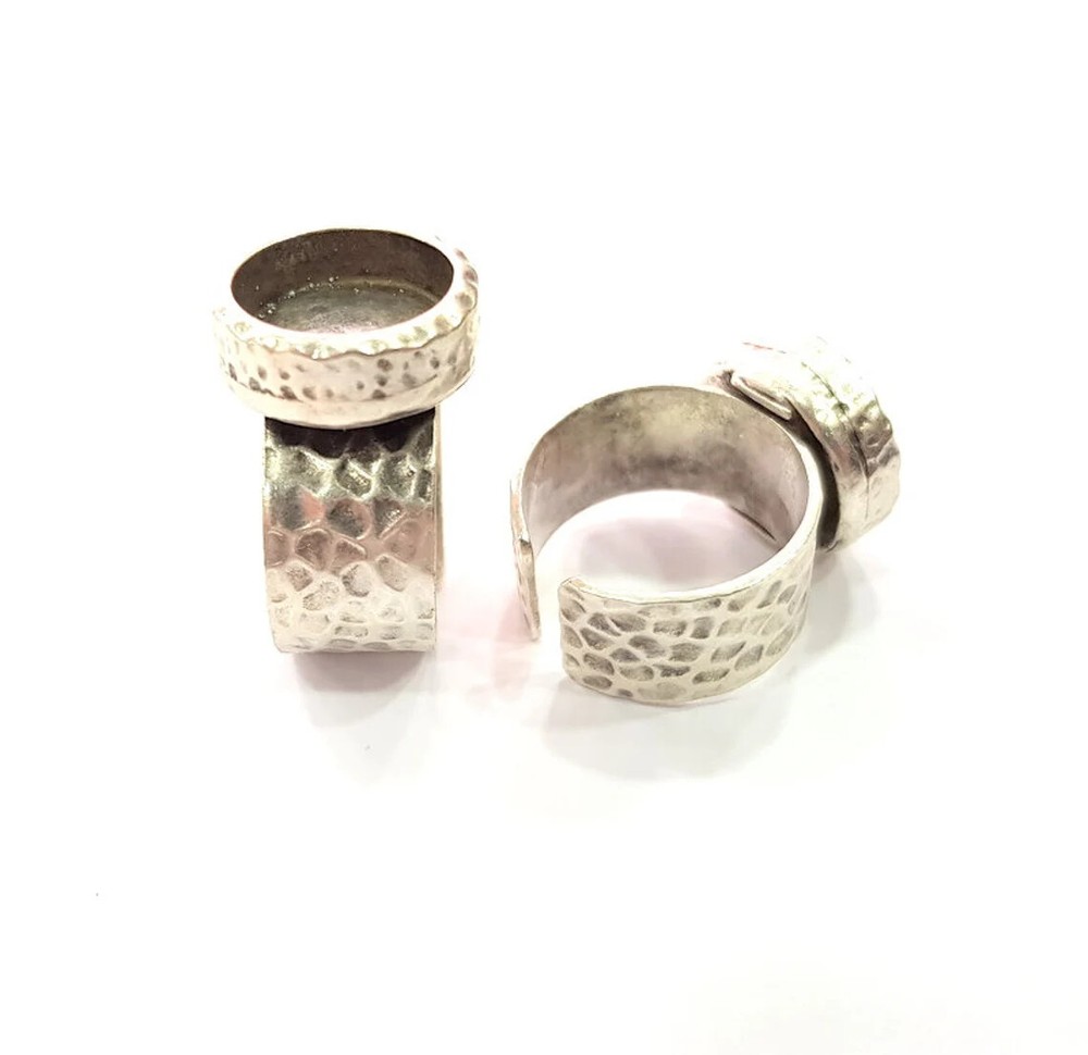 Hammered Ring Blank Setting Base Bezel inlay Backs Cabochon Antique Silver 12mm