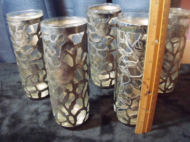 5 Vtg Mexican Filigree Tumbler Glass Sterling Silver Openwork Rose Pattern 7"