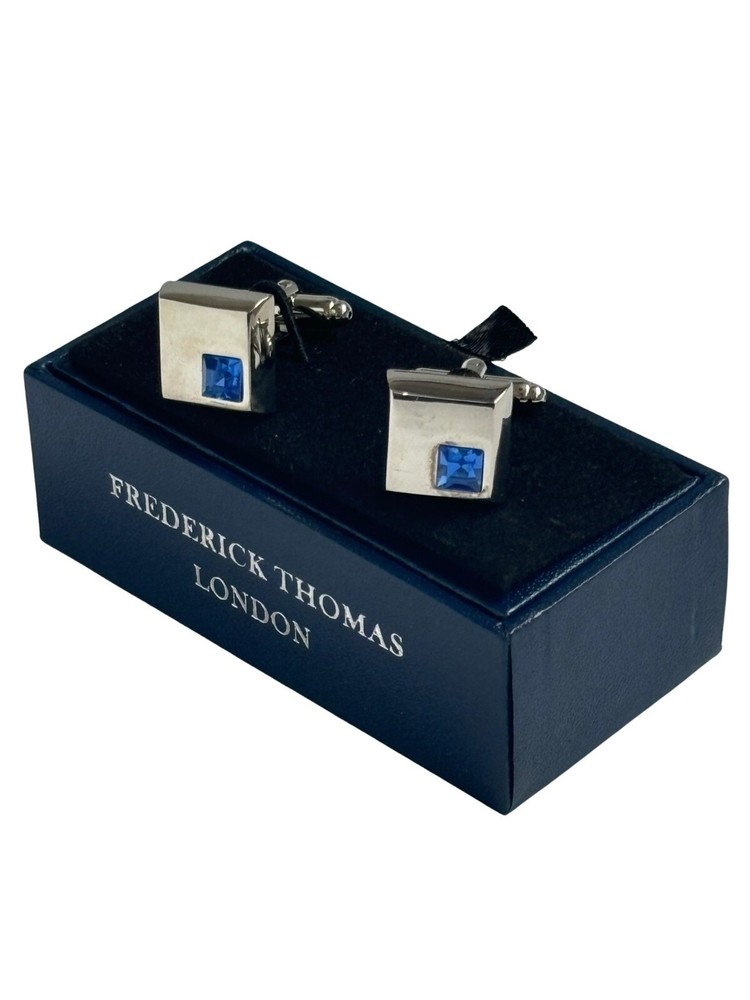 designer cufflinks in square silver colour & blue gemstone by Frederick Thomas