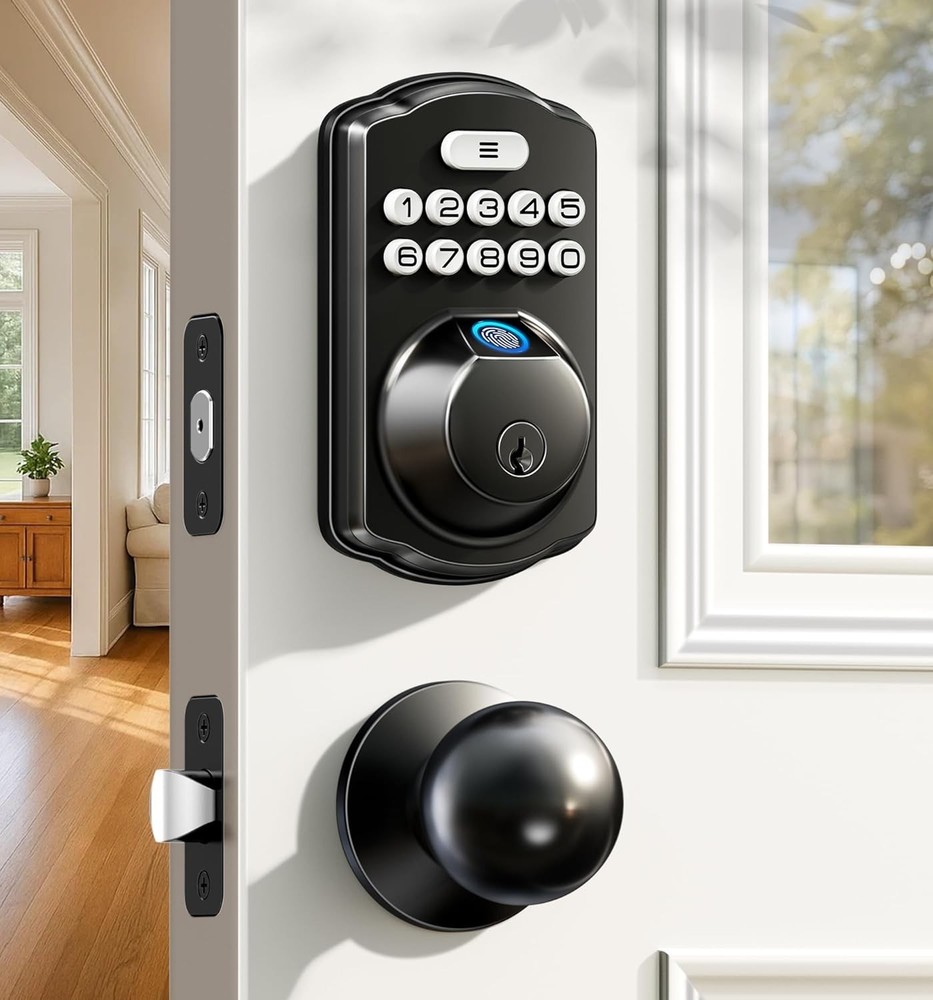 Fingerprint Door Lock with 2 Knobs - Keyless Entry Door Lock with Handle, Ele...