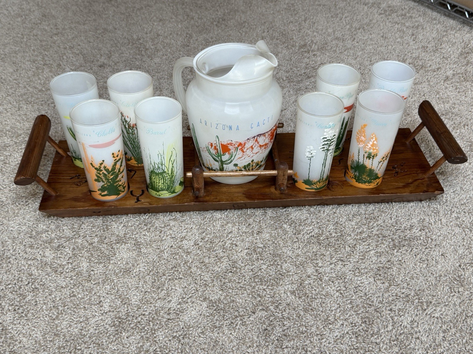 1950’s Vintage Blakely Oil & Gas ~ Arizona Cactus Frosted Glassware With Tray