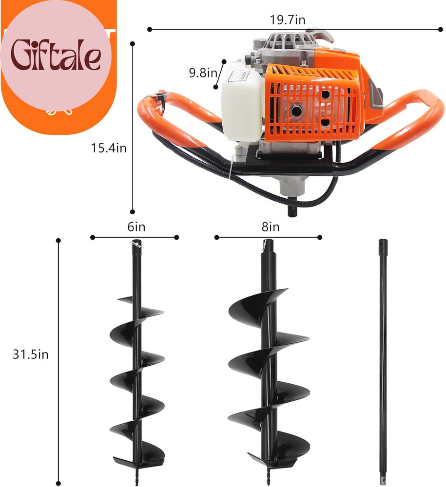 72CC , 2 Stroke Gas Powered Earth Post Hole Digger with 2 Auger Drill Bits(6" &