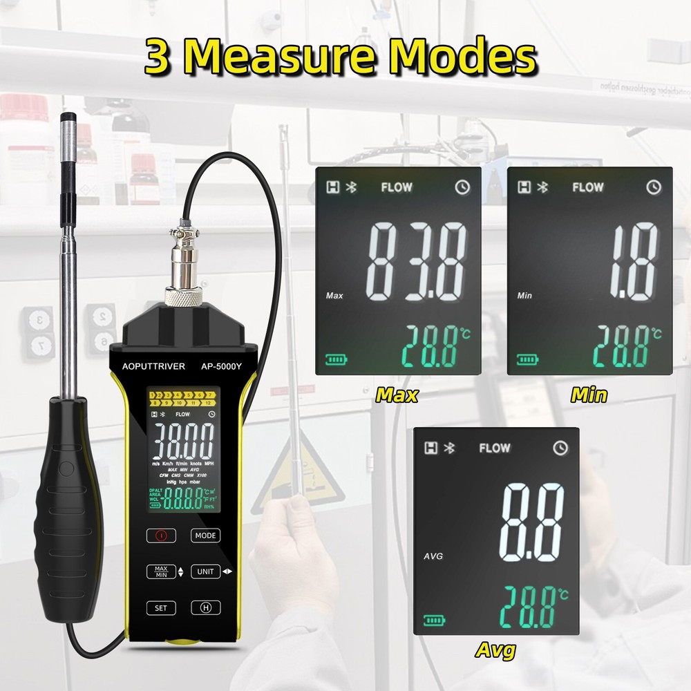 Hot wire Anemometer Handheld CFM Air Flow Velocity Meter Wind Speed Temp Meter