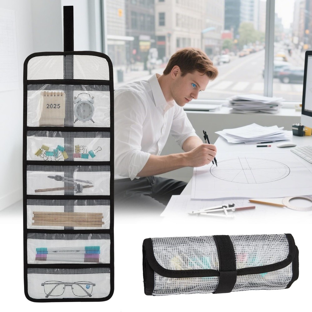 Small Roll Up Storage Bag 6 Pockets Tool Kit Organizer Pouch Clear 2 Pack