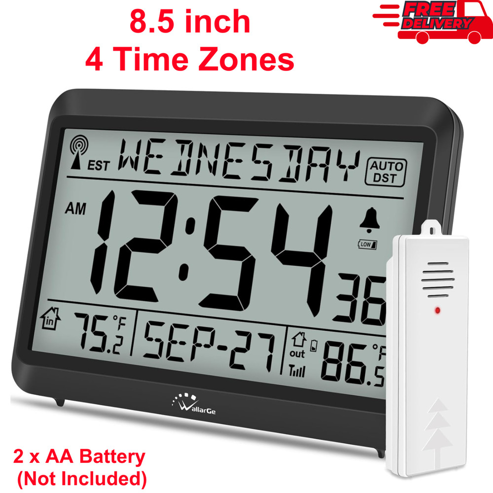WallarGe Atomic Clock with Indoor Outdoor Temperature, Self-Setting Wall Clock