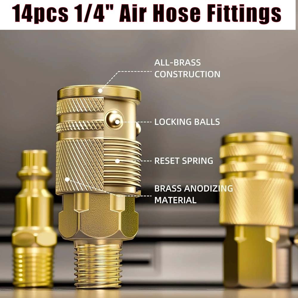 14pcs Air Hose Fittings, 1/4" NPT Quick Connect Air Coupler and Plug Kit I/M