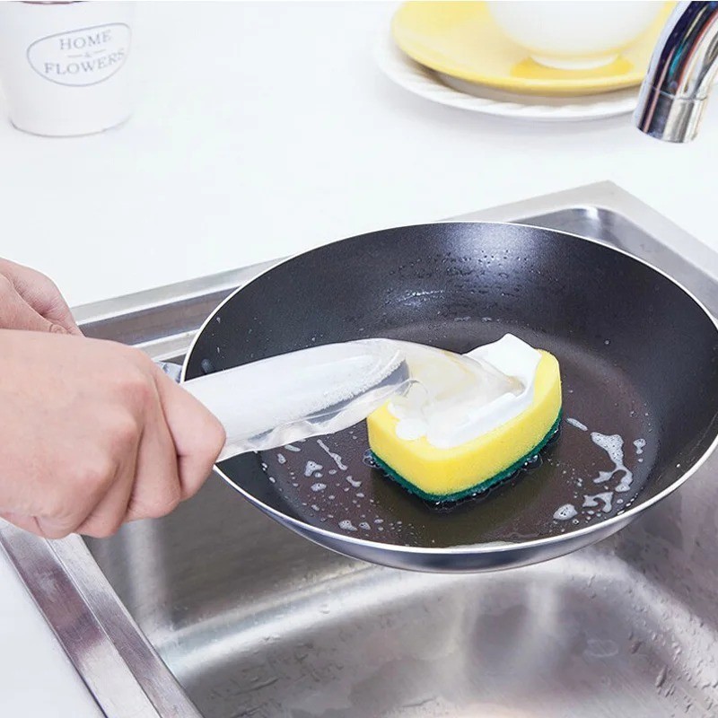 Sponge Dish Brush with Handle – Powerful Stain Removal & Soap Dispenser