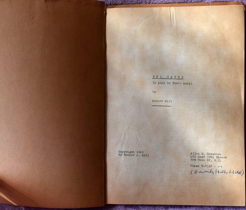 1960 " Bell Canto " by Robert Hill Original Screenplay Script
