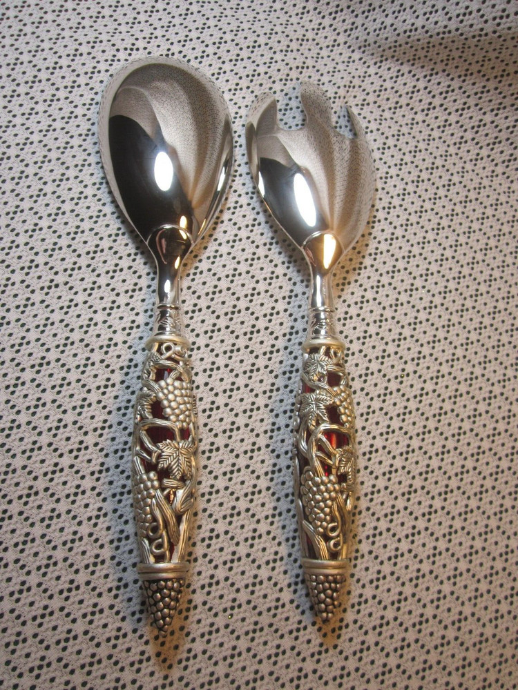 Neiman Marcus Silver Plate 2 Piece Ruby Red Handle Godinger Serving Spoon Fork