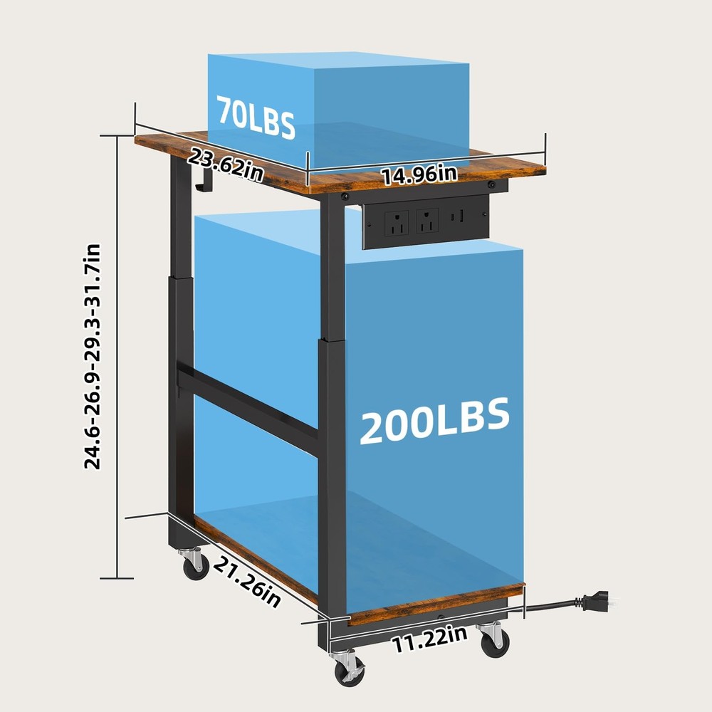 2-Tier Computer Tower Stand with Power Outlet, Height Adjustable PC Tower Sta...