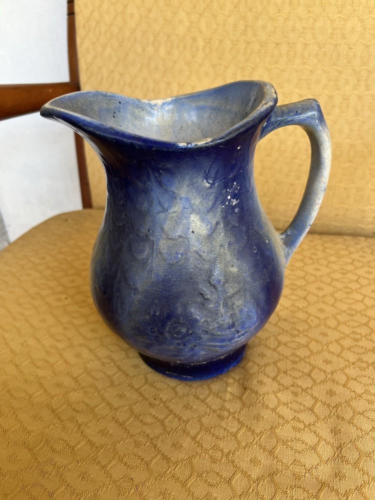 Blue Glossy Ceramic Pottery Pitcher with Handle and Spout, Solid Round Shape