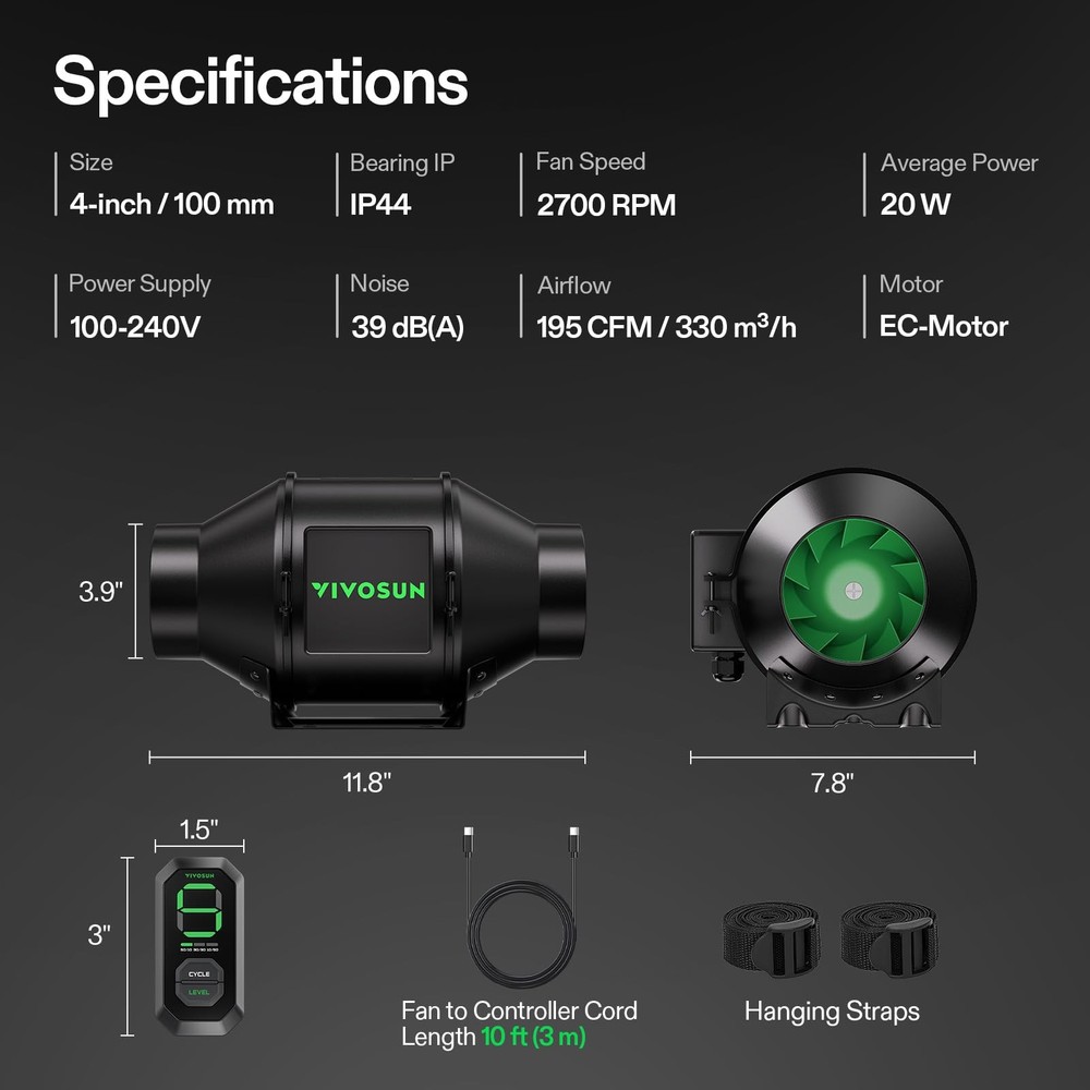 VIVOSUN G4 4" Inline Duct Fan & 3 Cycle Modes E12 Basic, Black & Green