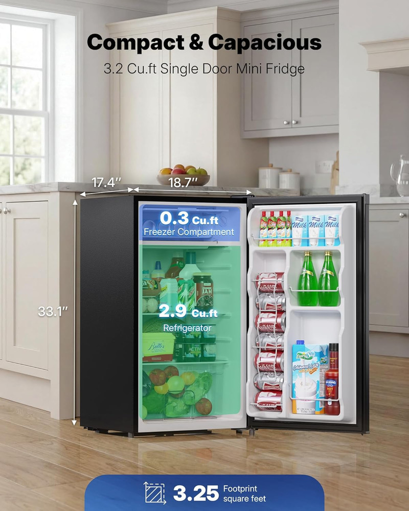3.2 Cu.Ft Mini Fridge with Freezer, Single Door Compact Refrigerator, Adjustable