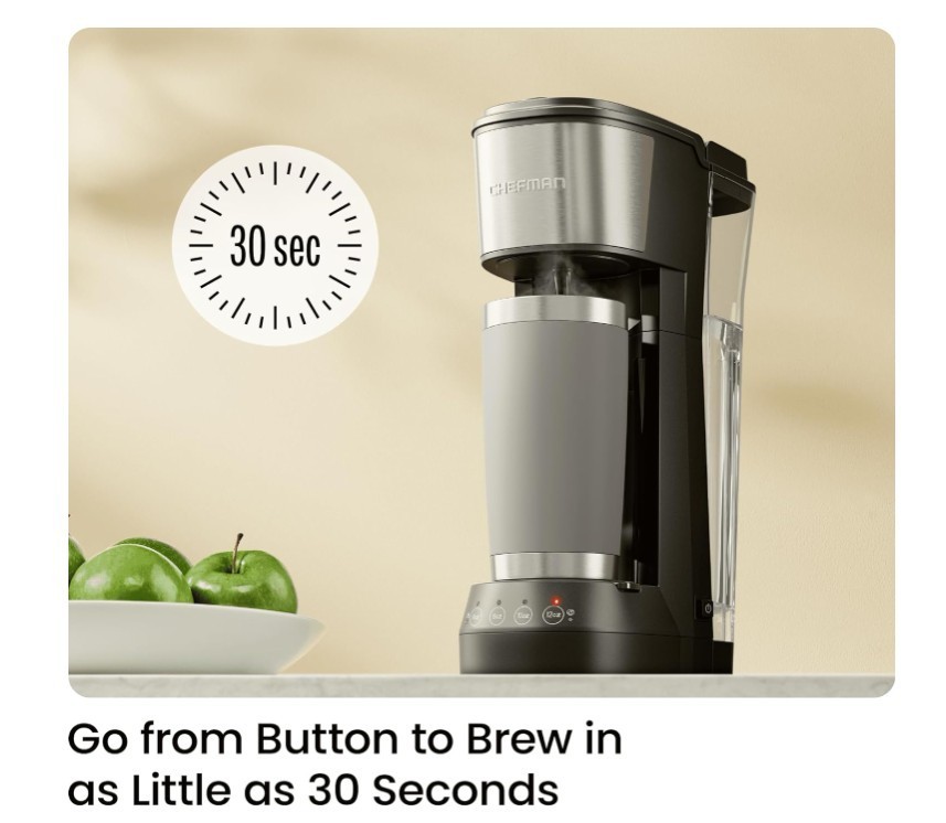 Chefman Single Serve Coffee Maker: K-Cup & Ground Compatible, Single Cup 6-12 oz