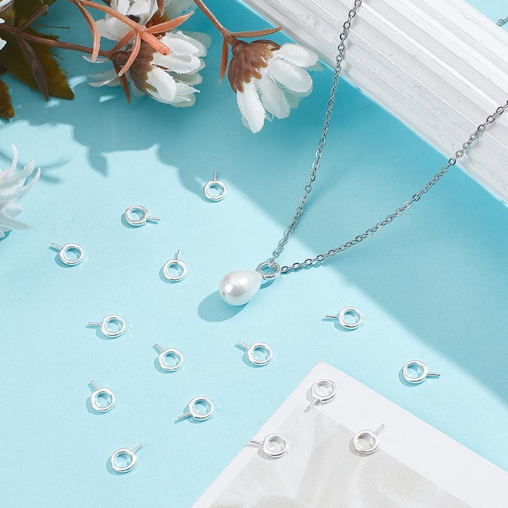 16Pcs 925 Sterling Silver Screw Eye Peg Bails Cup Pearl Peg Bails Eyelet Hooks E