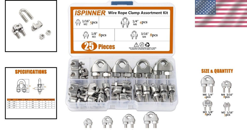 25pc Stainless Steel Rope Clip Kit - Essential for Rigging & Securing Loads