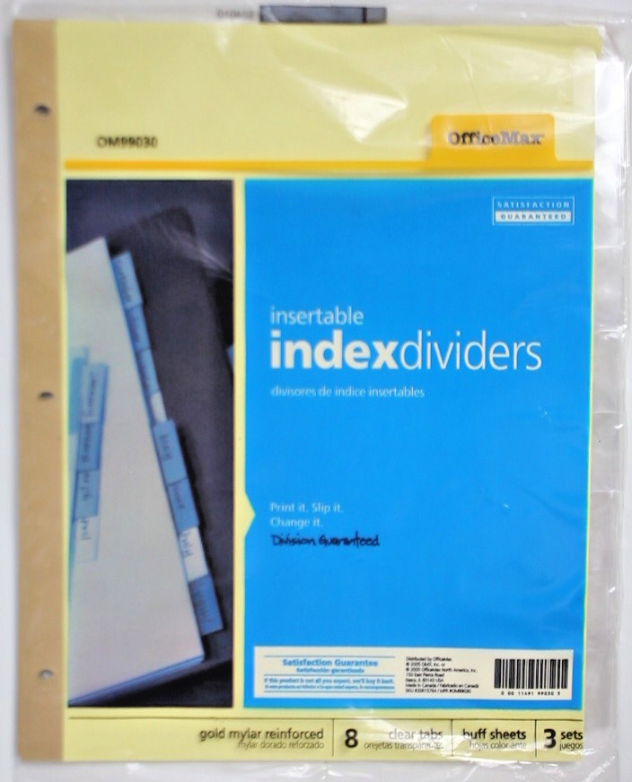 OfficeMax Insertable Index Dividers 8 Tabs 3 Sets OM99030 #98o