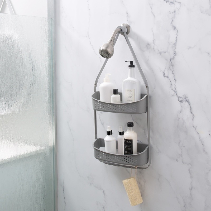 Convertible Shower Caddy Two Tier Shelves Storage Hooks Rust Resistant Design US