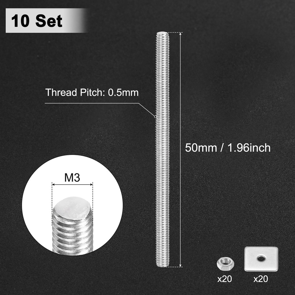10-Set Fully Threaded Rod, M3x50mm Right Hand Thread Bar Studs with Nuts