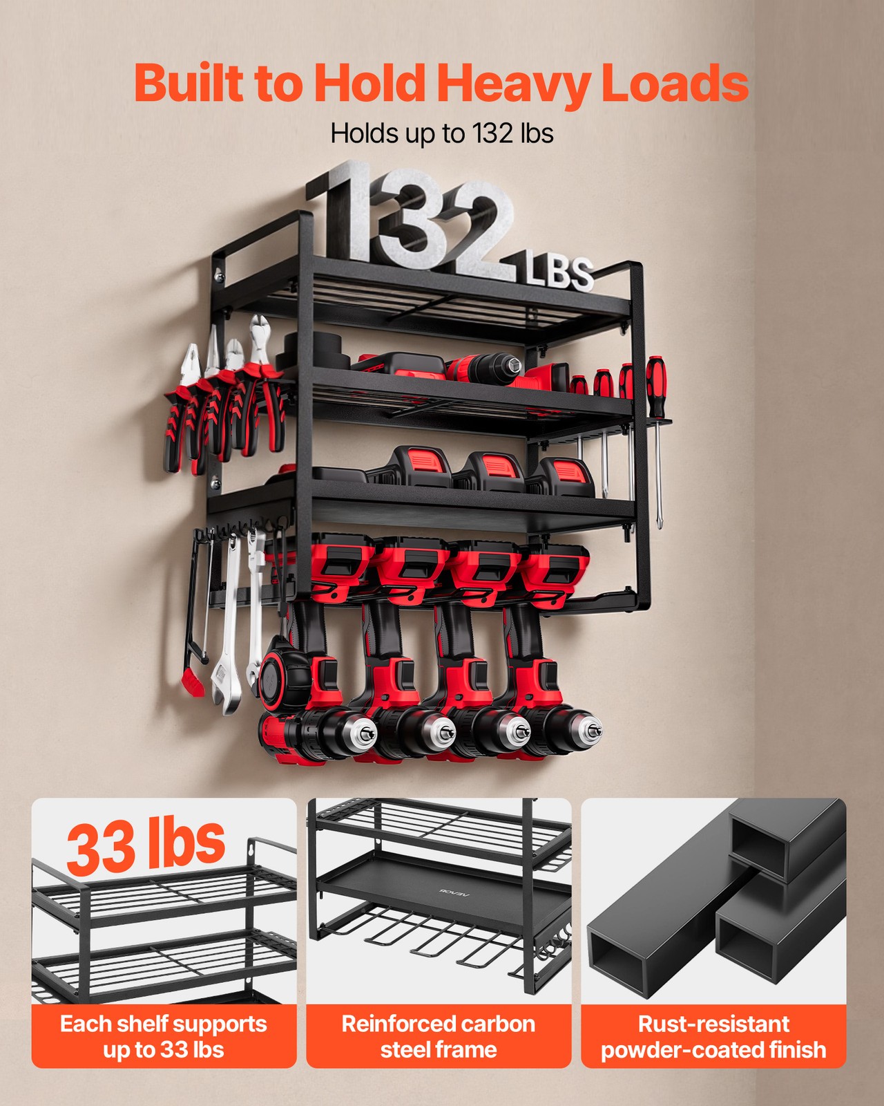 VEVOR Power Tool Organizer Wall Mount 4-Layer Drill Storage Rack 4 Drill Holders