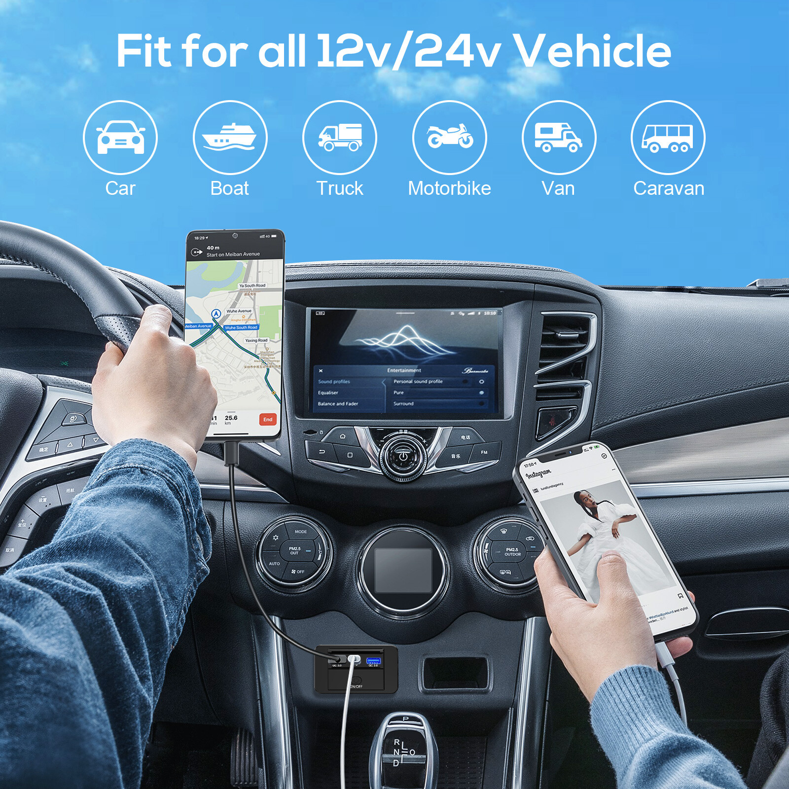 12V Dual USB QC3.0 & PD Port Car Fast Charger Socket Power Outlet On-Off Switch