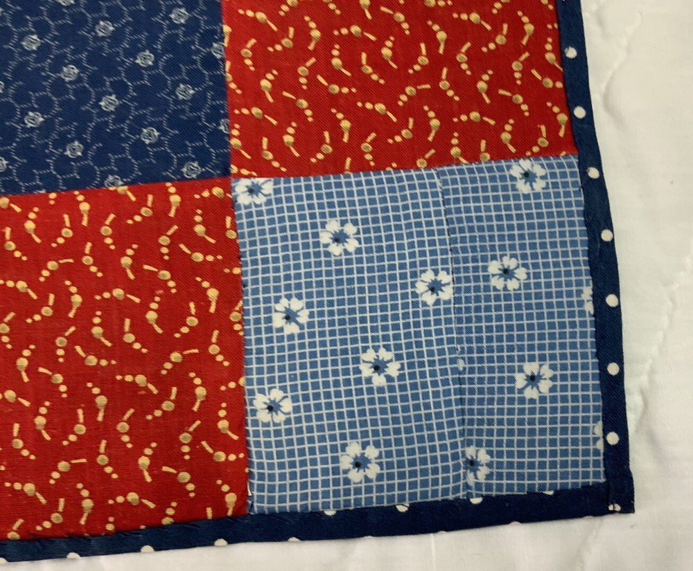 Vintage Antique Patchwork Quilt Table Topper, Four Patch, Early Calicos, Red
